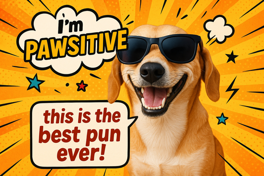 a dog with glasses saying "this is the best pun ever"