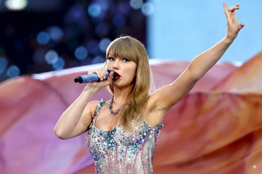 Image of taylor swift singing on stage with a microphone in her hand