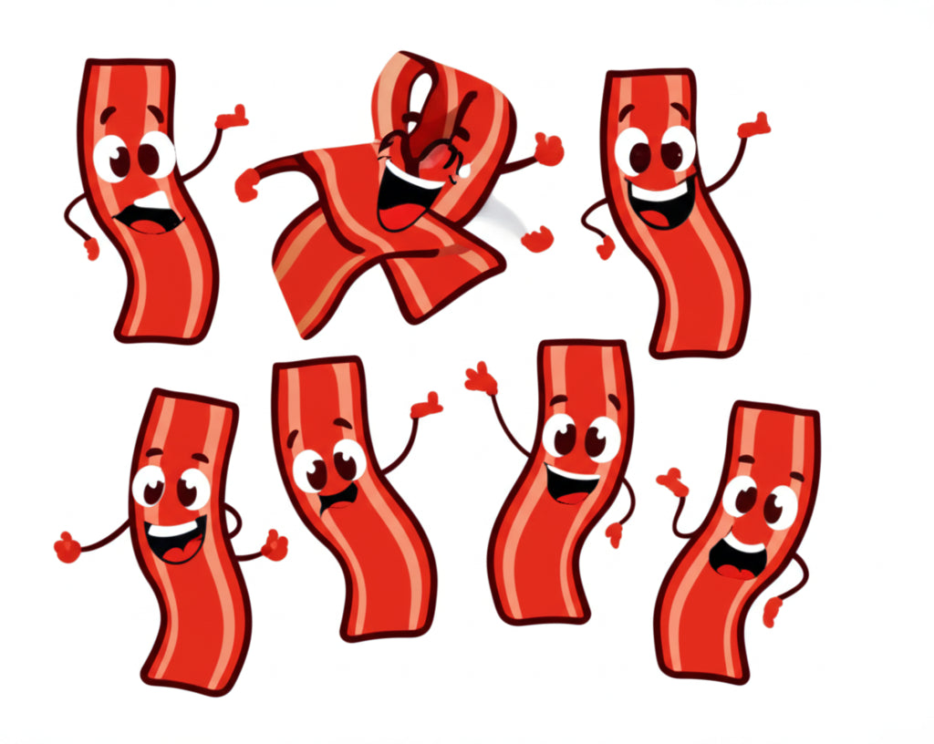 Cheerful cartoon bacon strips in silly poses for a bacon puns blog post