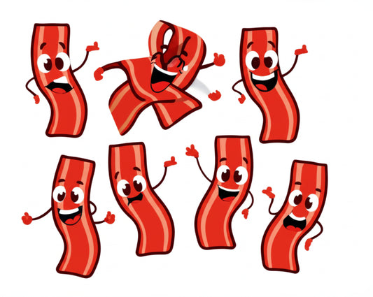 Cheerful cartoon bacon strips in silly poses for a bacon puns blog post