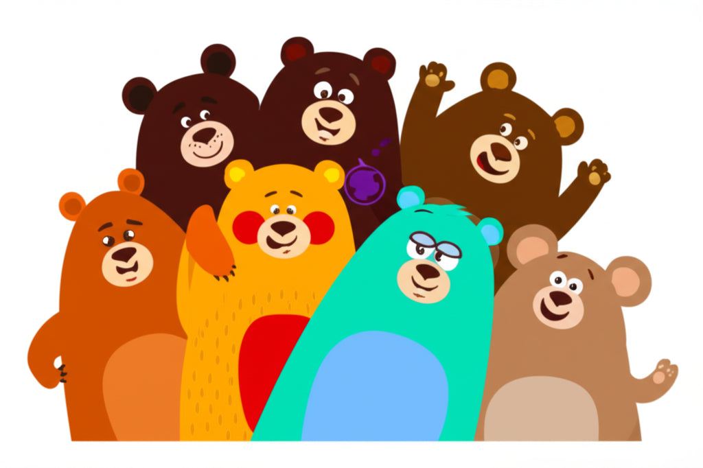 Cartoon bear characters having a fun forest party — featured image for bear puns blog post