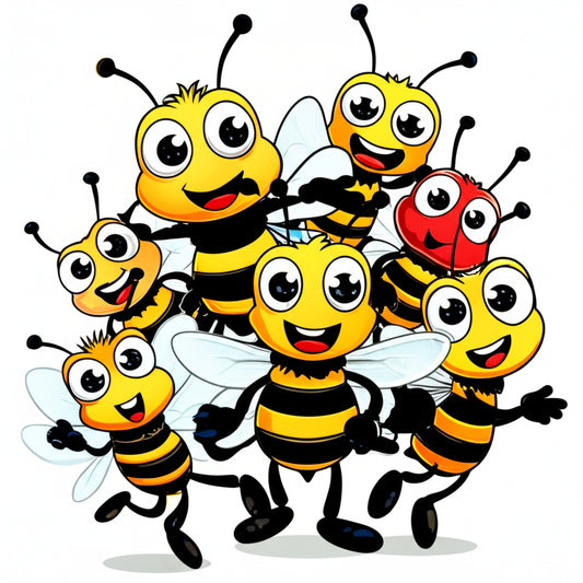 Cartoon bee characters having a fun hive party — featured image for bee puns blog post