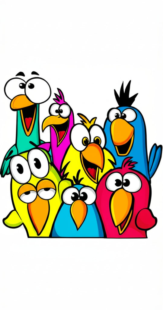 Cartoon bird characters having a fun party on a branch — featured image for bird puns blog post