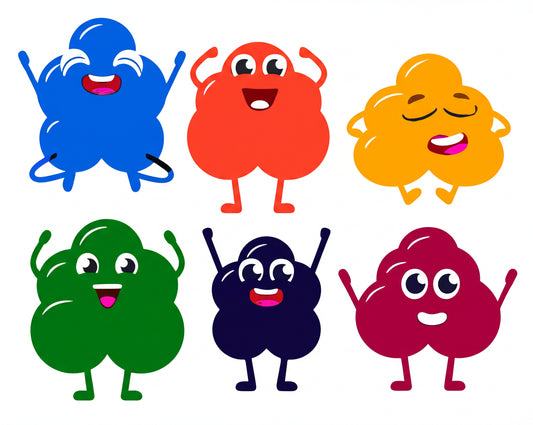 Cheerful cartoon characters in a funny group pose — featured image for butt puns blog post