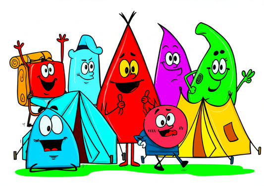 Cartoon camping characters around a campfire — featured image for camping puns blog post