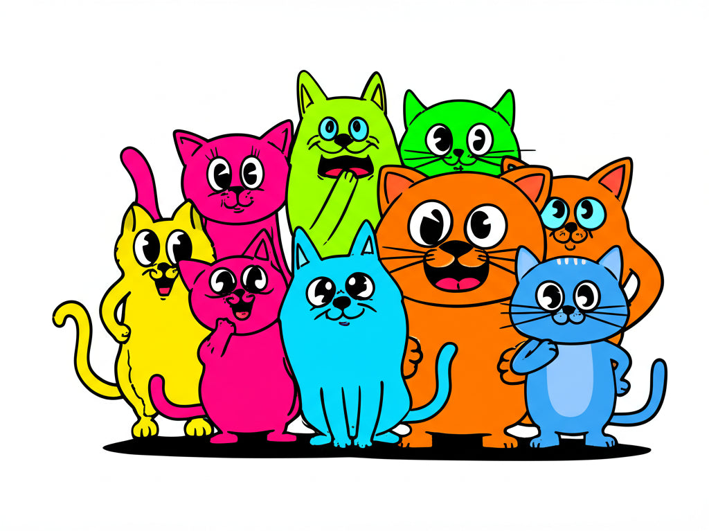 Cartoon cat characters having a fun party — featured image for cat puns blog post