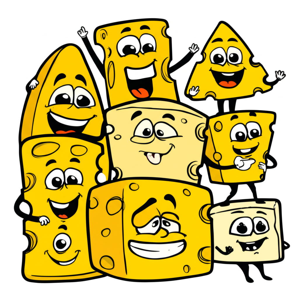 Cartoon cheese characters having a fun dairy party — featured image for cheese puns blog post