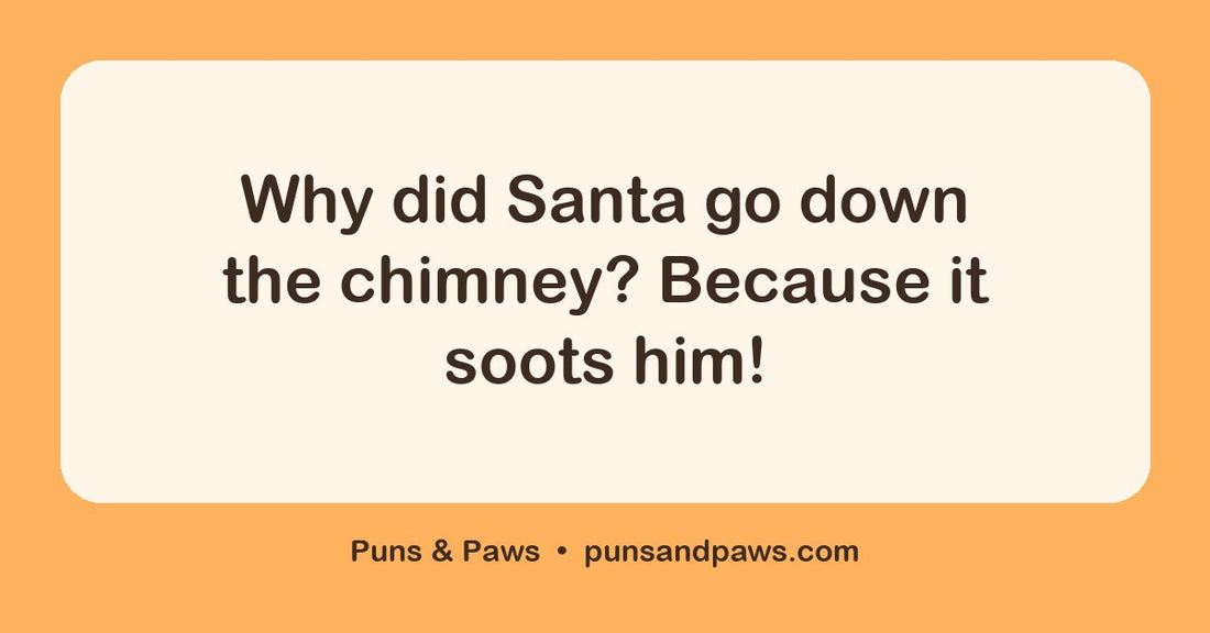 Christmas pun jokes hero card by Puns & Paws: "Why did Santa go down the chimney? Because it soots him!"