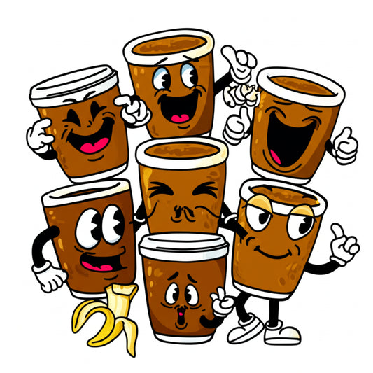 Cartoon coffee cup characters having a fun morning party — featured image for coffee puns blog post
