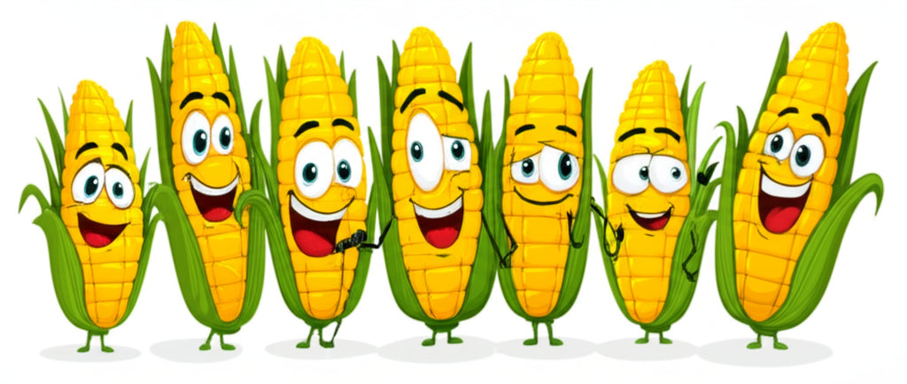 Cartoon corn characters having a fun party — featured image for corny puns blog post