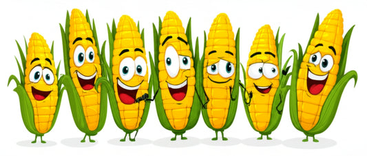 Cartoon corn characters having a fun party — featured image for corny puns blog post