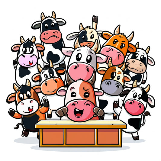 Cartoon cow characters in a funny group scene — featured image for cow puns blog post