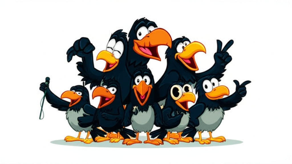 Cartoon crow characters having a fun party — featured image for crow puns blog post