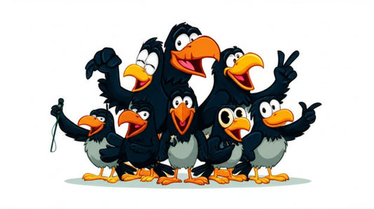 Cartoon crow characters having a fun party — featured image for crow puns blog post