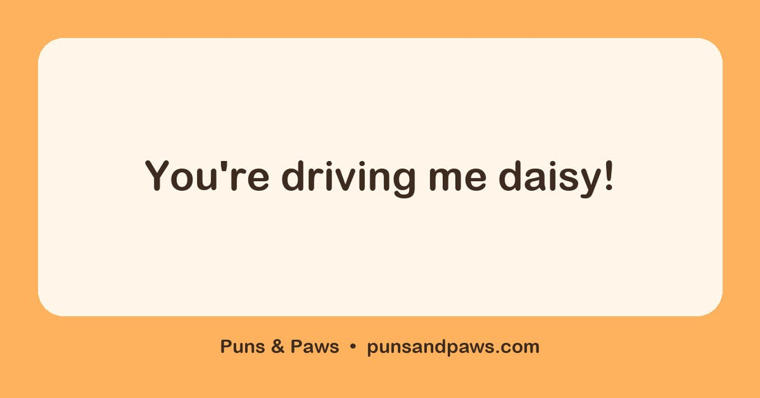 Daisy puns hero card by Puns & Paws: "You're driving me daisy!"