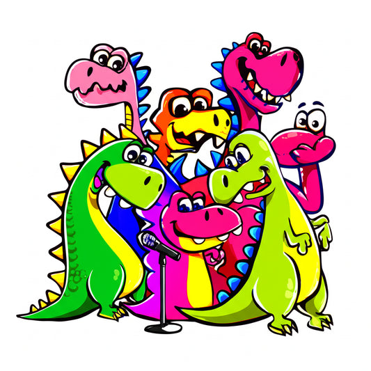Cheerful cartoon dinosaurs in a fun group scene — featured image for dino puns blog post