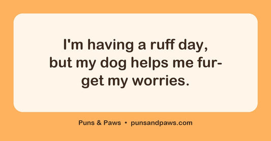 Dog puns and jokes hero card by Puns & Paws: "I'm having a ruff day, but my dog helps me fur-get my worries."