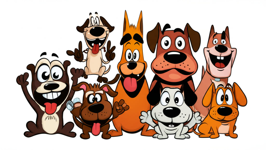 Cartoon dog characters having a fun party — featured image for dog puns blog post