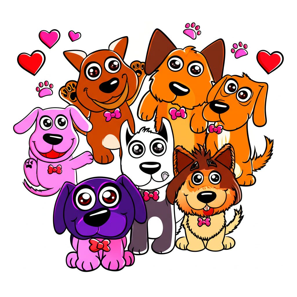 Cartoon dogs celebrating Valentine's Day -- featured image for dog valentines day puns blog post