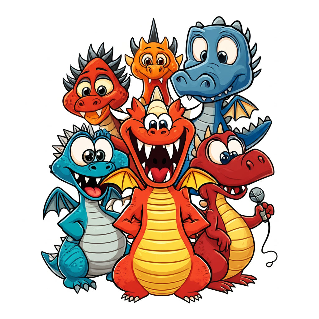 Cartoon dragon characters having a fun fantasy party — featured image for dragon puns blog post