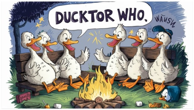 six ducks sitting around a campfire telling jokes