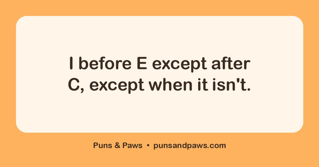 English puns hero card by Puns & Paws: "I before E except after C, except when it isn't."