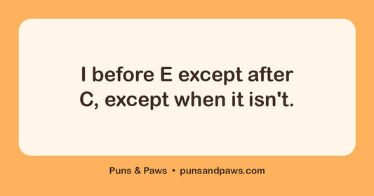 English puns hero card by Puns & Paws: "I before E except after C, except when it isn't."