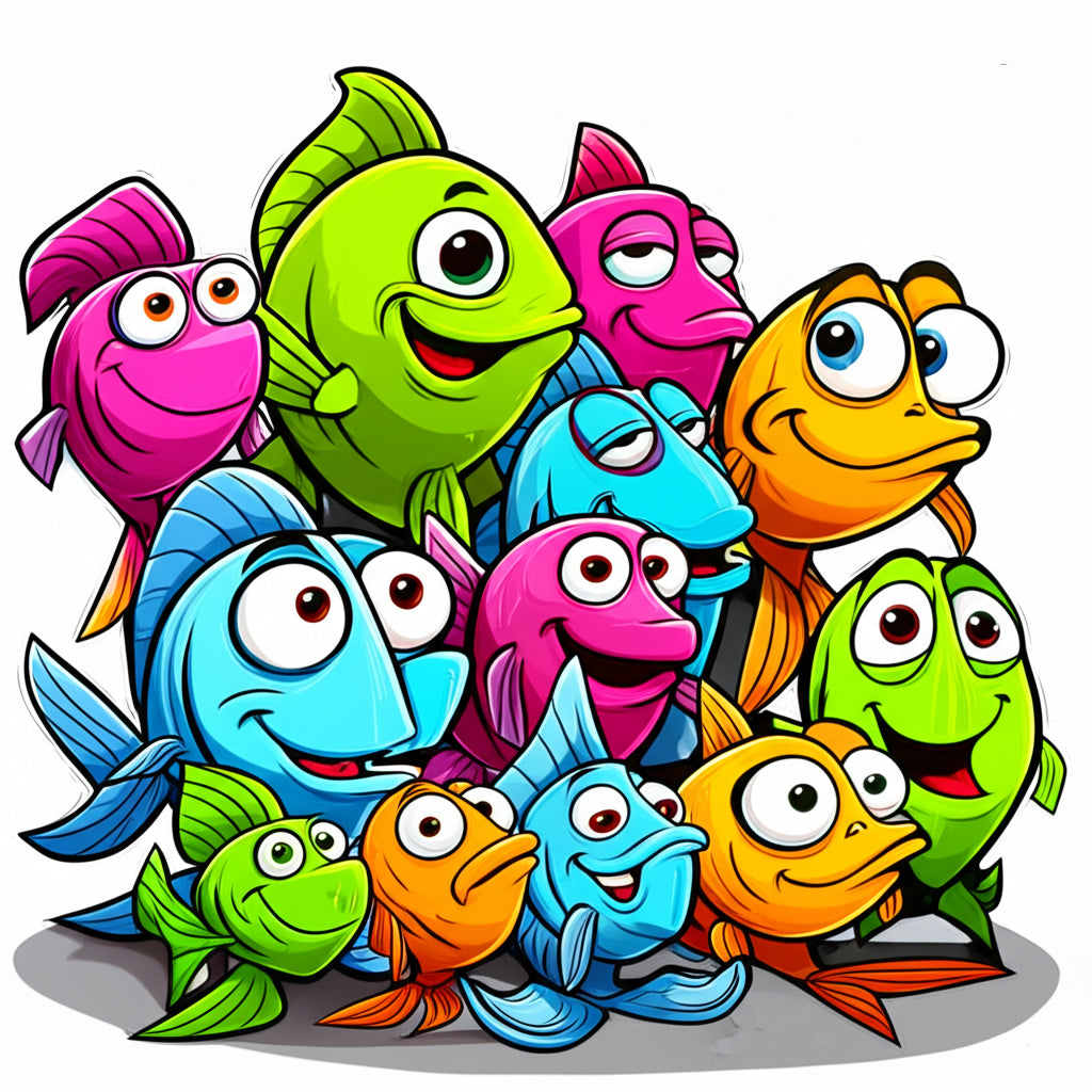 Cartoon fish characters having a fun underwater party — featured image for fish puns blog post
