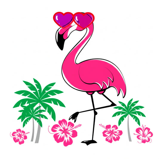 Cartoon pink flamingo wearing sunglasses and standing on one leg with a big smile, tropical background with palm trees