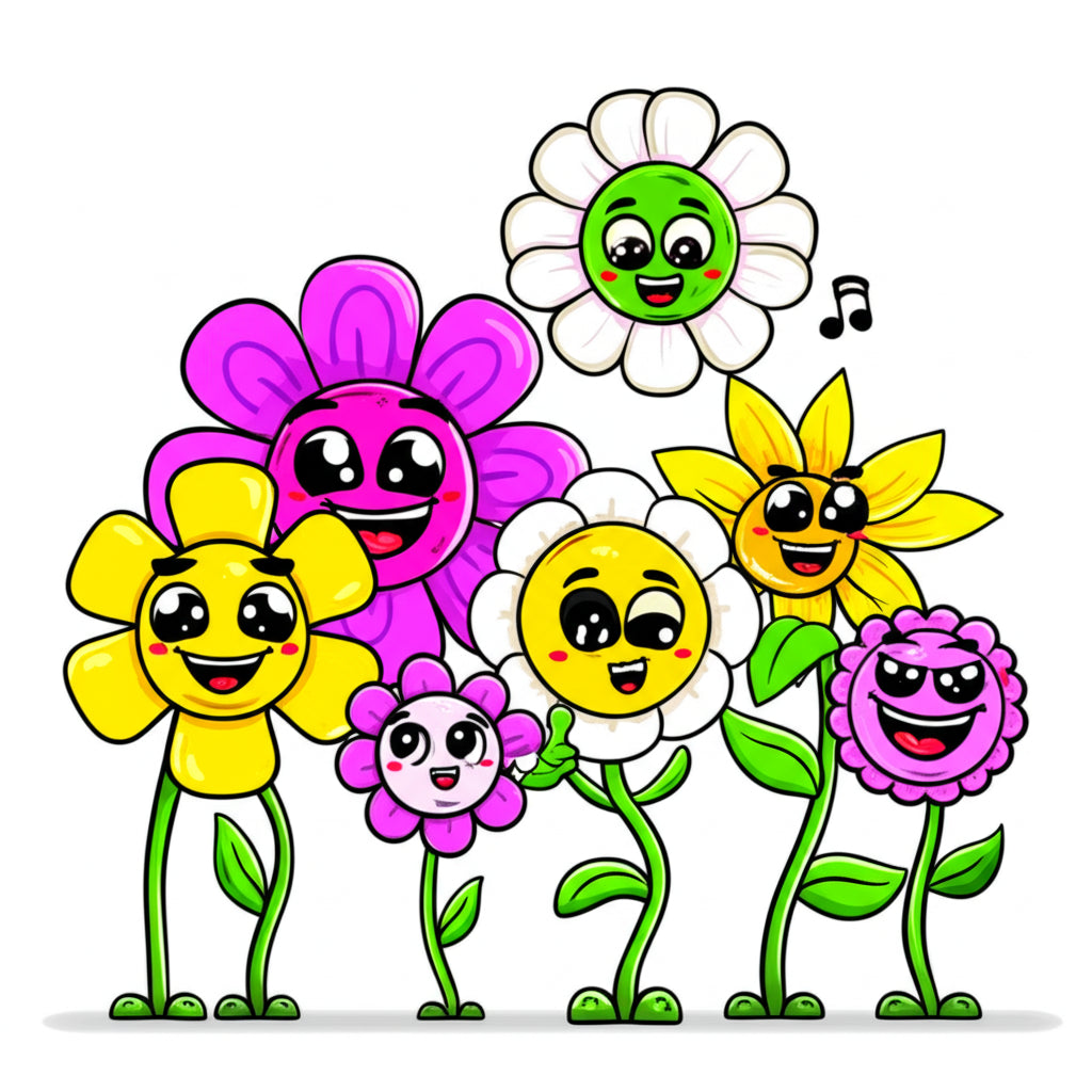 Cartoon flower characters having a fun garden party — featured image for flower puns blog post