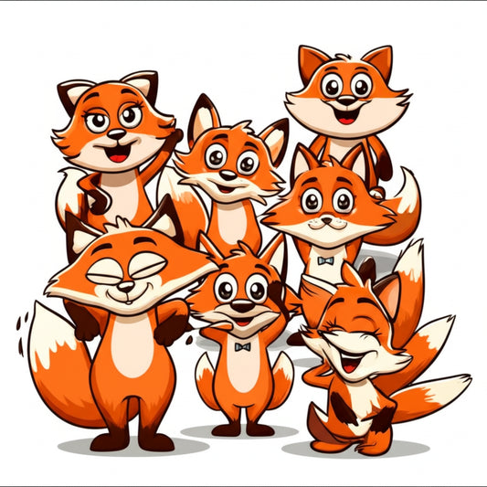 Playful cartoon foxes telling jokes in a forest clearing — featured image for fox puns blog post