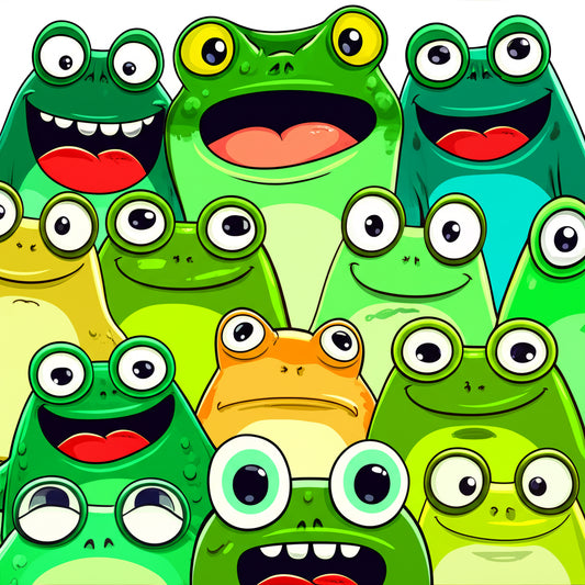 Cartoon frog characters in a funny group scene — featured image for frog puns blog post