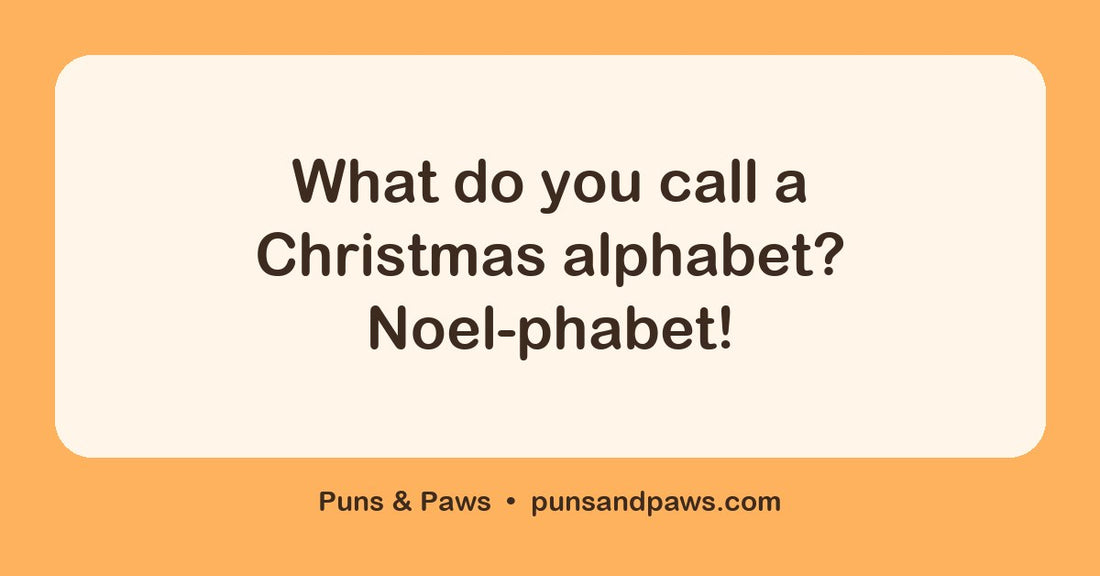 Funny xmas puns hero card by Puns & Paws: "What do you call a Christmas alphabet? Noel-phabet!"