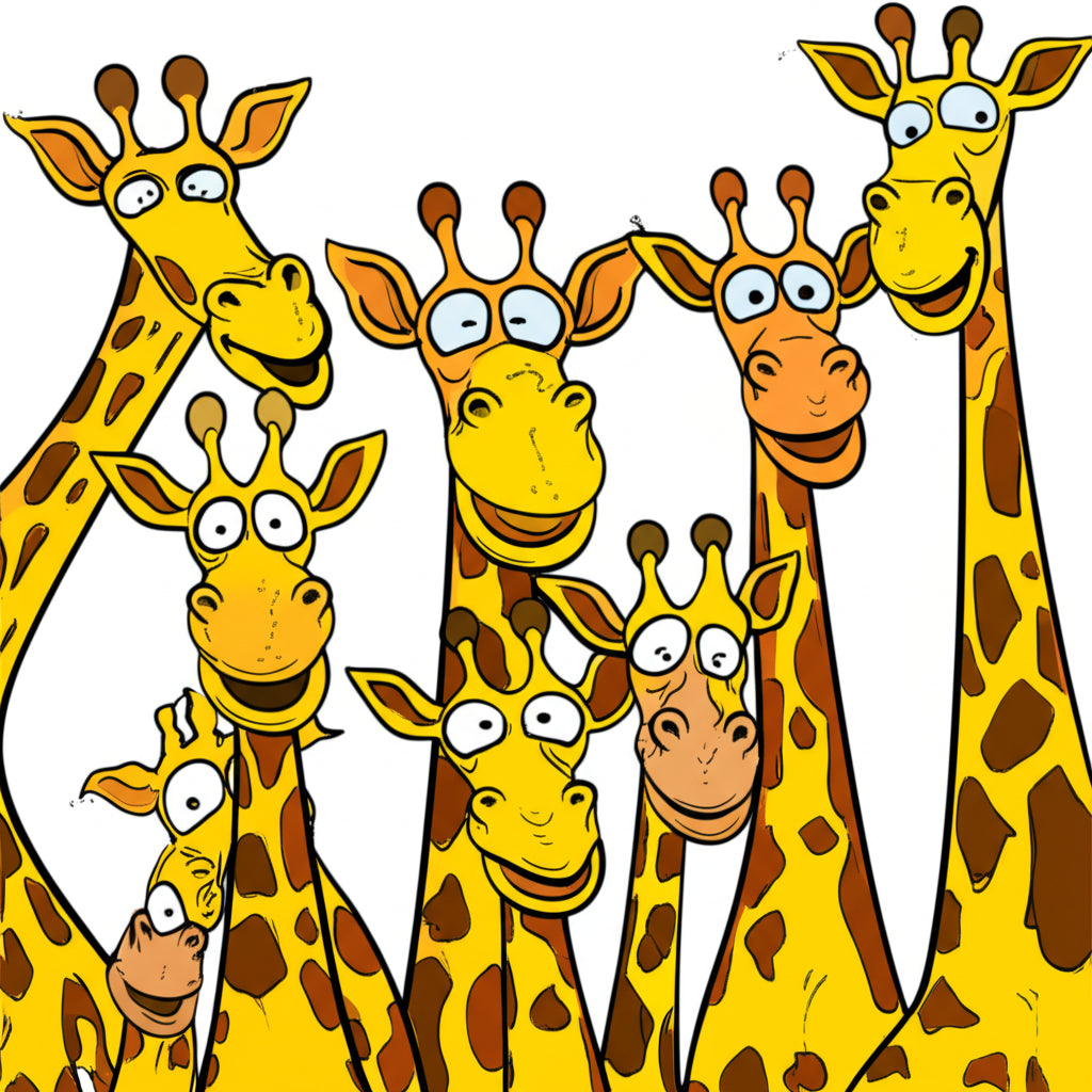 Cheerful cartoon giraffes in a fun group scene — featured image for giraffe puns blog post