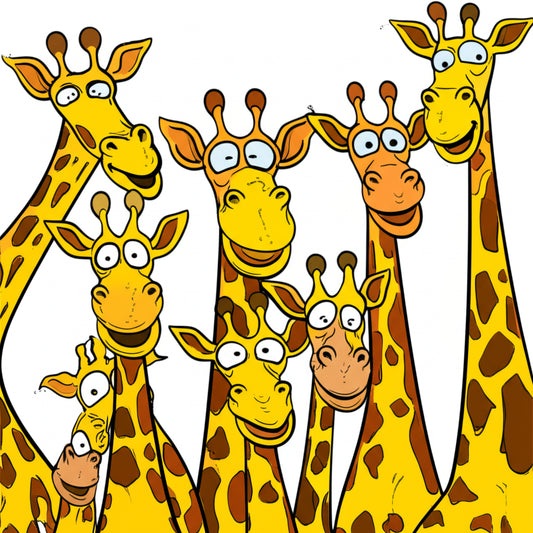 Cheerful cartoon giraffes in a fun group scene — featured image for giraffe puns blog post