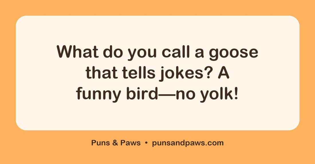Goose puns hero card by Puns & Paws: "What do you call a goose that tells jokes? A funny bird—no yolk!"