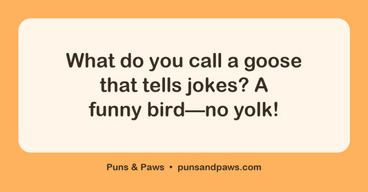 Goose puns hero card by Puns & Paws: "What do you call a goose that tells jokes? A funny bird—no yolk!"