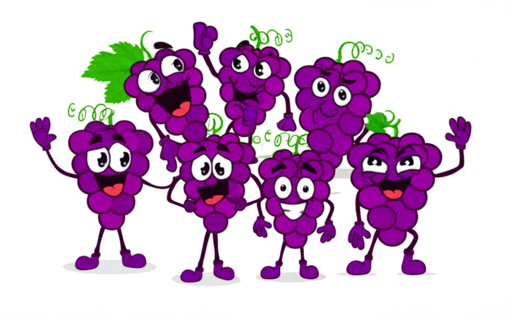 Cheerful cartoon grapes in a fun group scene — featured image for grape puns blog post