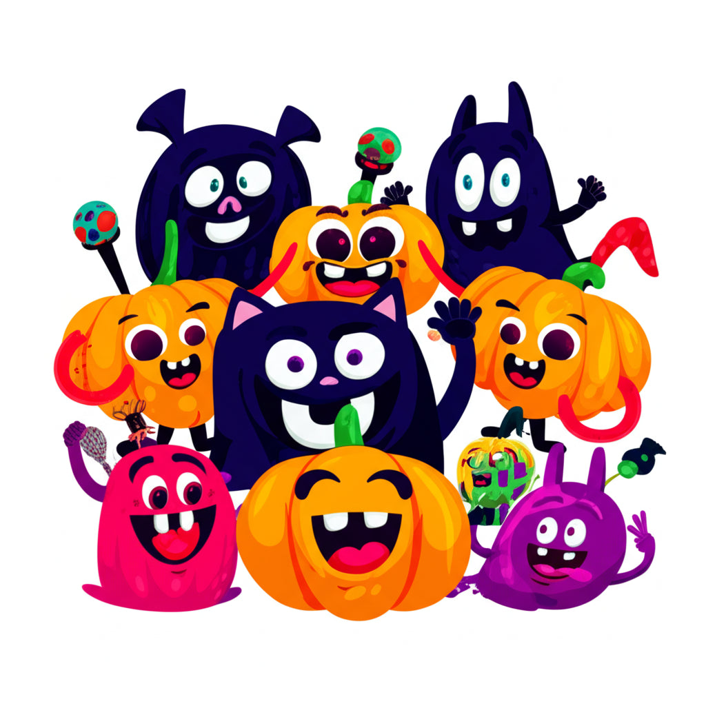 Cartoon Halloween characters — ghost, pumpkin, and witch — having a spooky fun party — featured image for halloween puns blog post