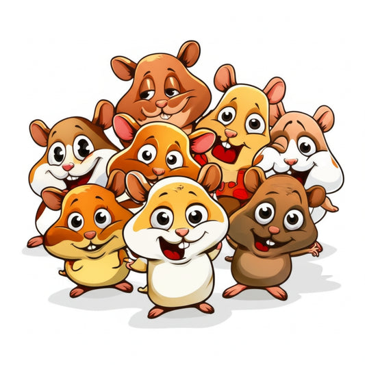Cartoon hamster characters in a funny group scene — featured image for hamster puns blog post