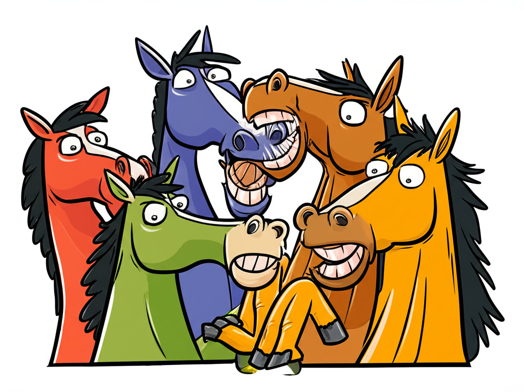 Cartoon horse characters having a fun stable party — featured image for horse puns blog post