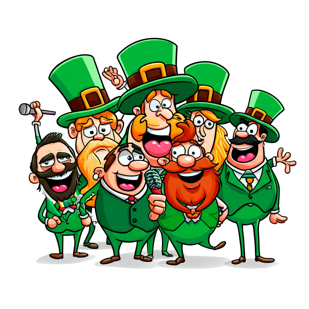 Cheerful cartoon leprechauns and shamrocks in a fun group scene for an irish puns blog post