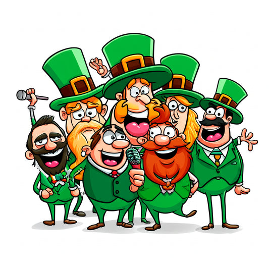 Cheerful cartoon leprechauns and shamrocks in a fun group scene for an irish puns blog post