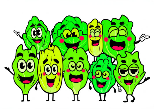 Cartoon lettuce characters having a fun party — featured image for lettuce puns blog post