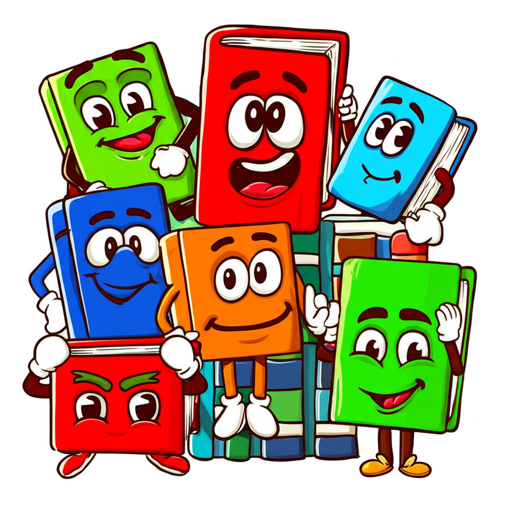 cartoon bookworms reading in a colorful library — featured image for library puns