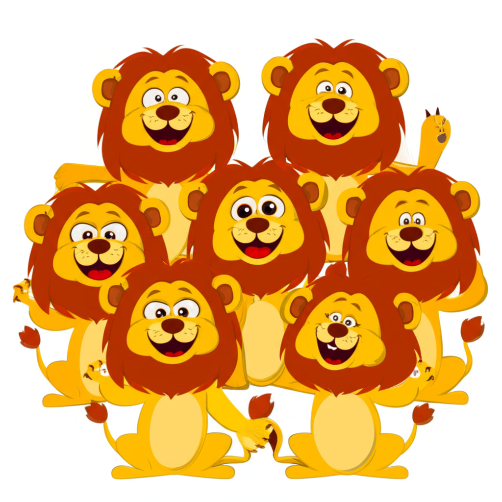 Cartoon lion characters in a funny group scene — featured image for lion puns blog post