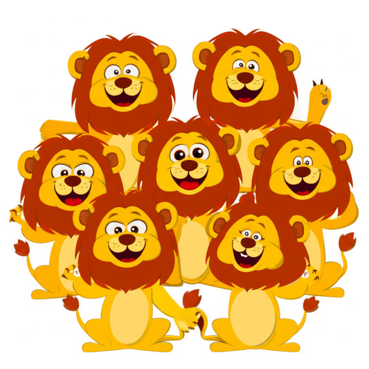 Cartoon lion characters in a funny group scene — featured image for lion puns blog post