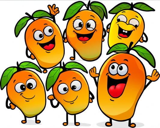 Cartoon mango characters in a funny group scene — featured image for mango puns blog post