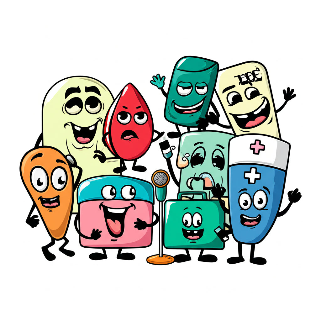 Cartoon doctors and nurses holding hearts and valentines in a fun medical valentines puns blog post
