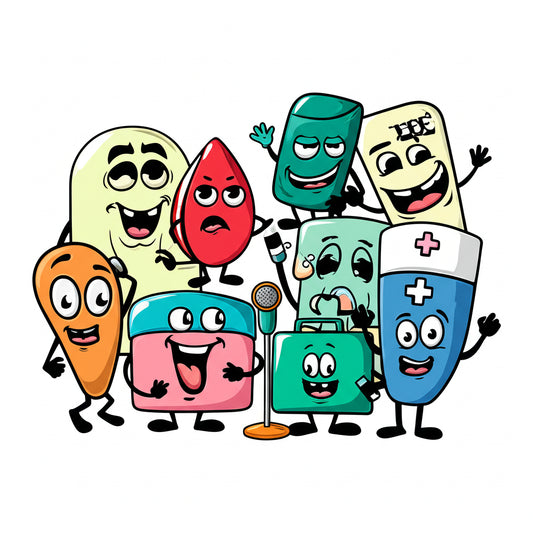 Cartoon doctors and nurses holding hearts and valentines in a fun medical valentines puns blog post